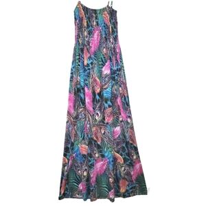 India Boutique Tube Top Spaghetti Strap Long Peacock Print One Size Dress NWOT